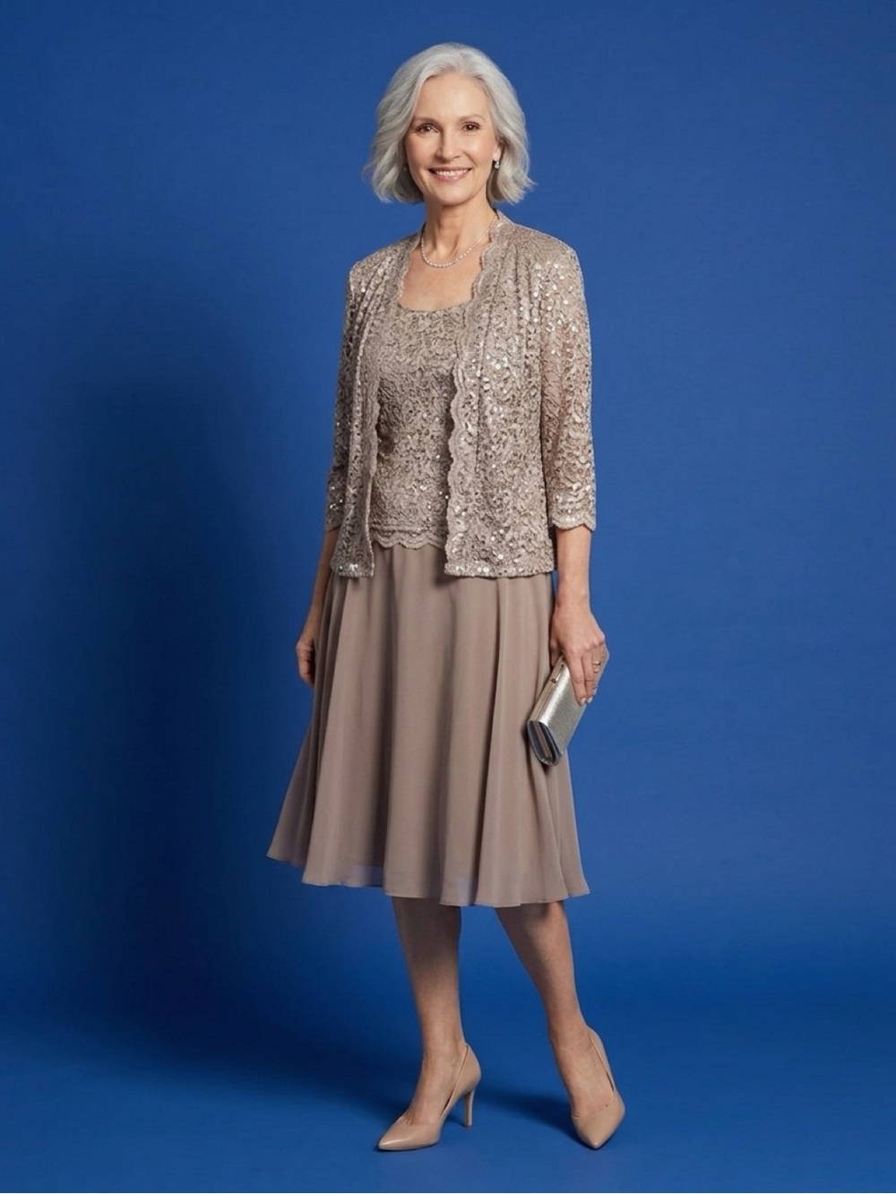 R&M Richards Champagne Sequin Jacket and Chiffon Dress Set